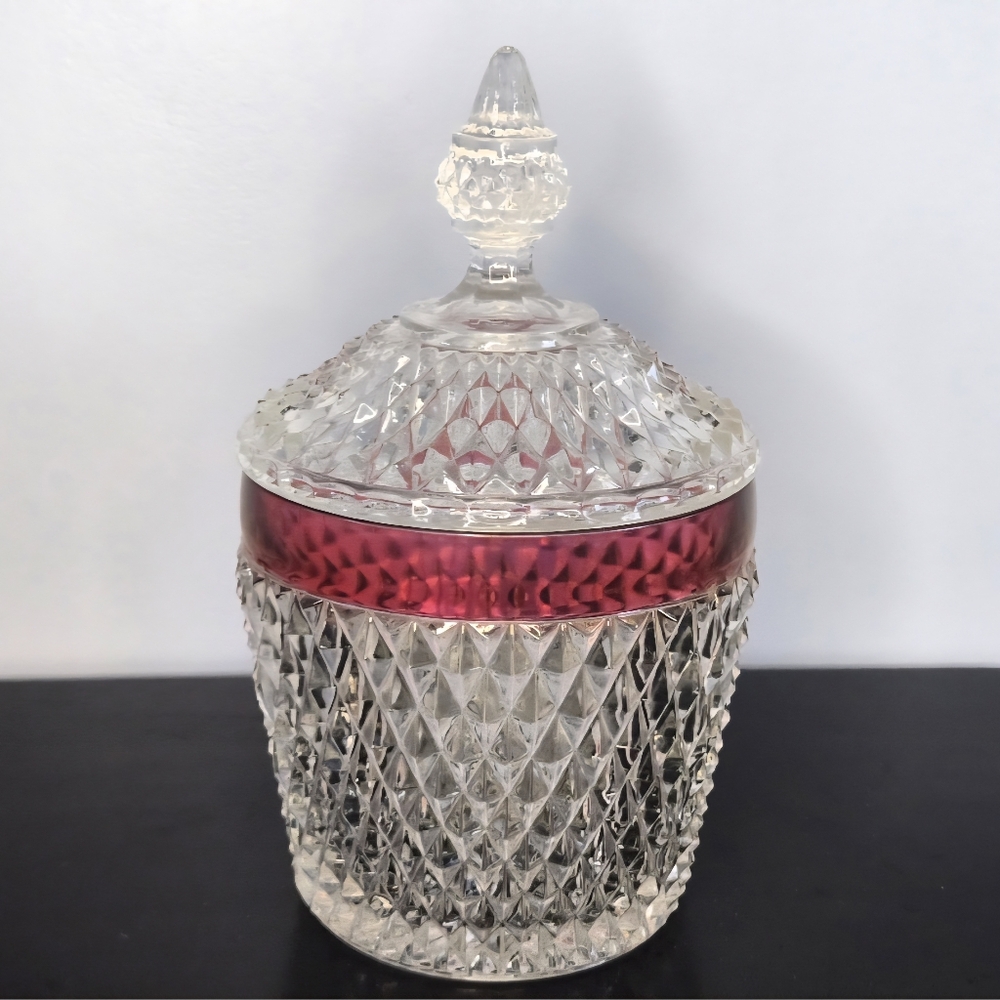 Vintage MCM Indiana Glass Diamond Point Ruby Flash Ice Bucket/ Cookie Jar
